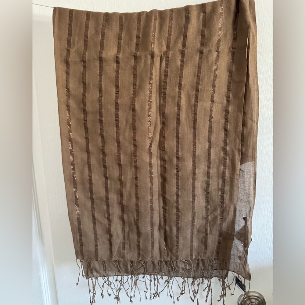 NWT BCBGMaxAzria Brown Metallic Striped Scarf with Fringe